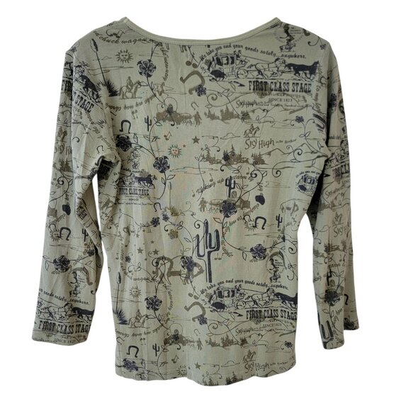 Mod-o-Doc Western Theme Top 3/4 Sleeve Green Sz 1 (S) Horseshoe Cactus Cowboy - Picture 2 of 8